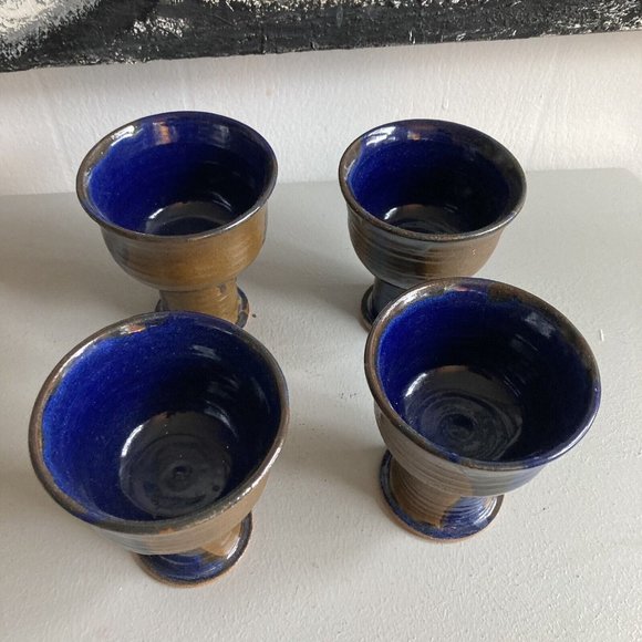 Studio Stoneware Wine Goblets lot of 4 Art Pottery Chunky Foot Chalice Rustic H… - Picture 4 of 11